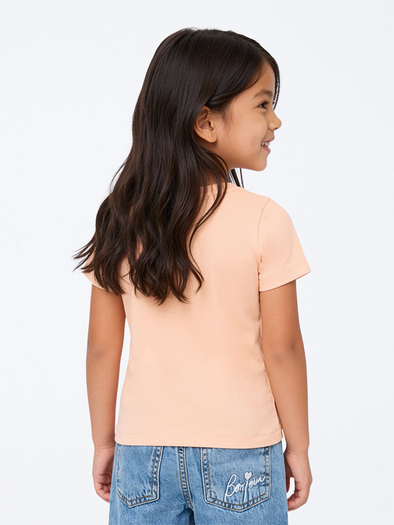 HOP Kids Girls Peach Camera Design Cotton T-Shirt