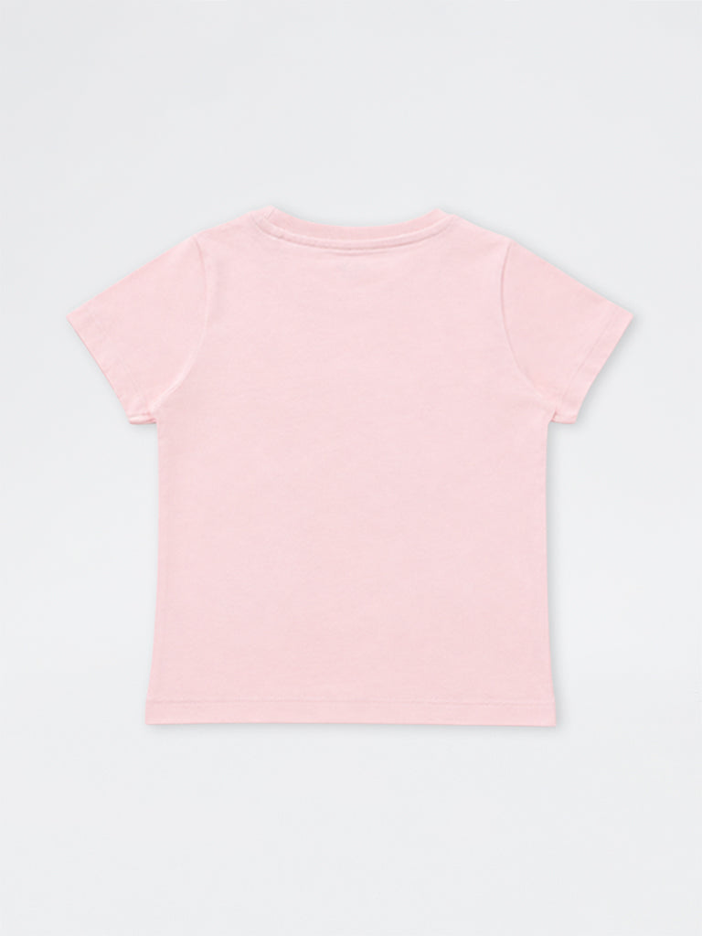 HOP Kids Girls Pink Bird Embellished Cotton T-Shirt