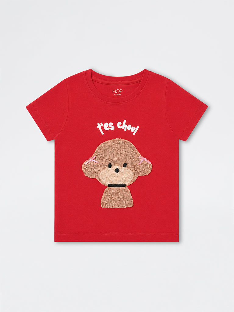 HOP Kids Girls Red Dog Embroidered Cotton T-Shirt