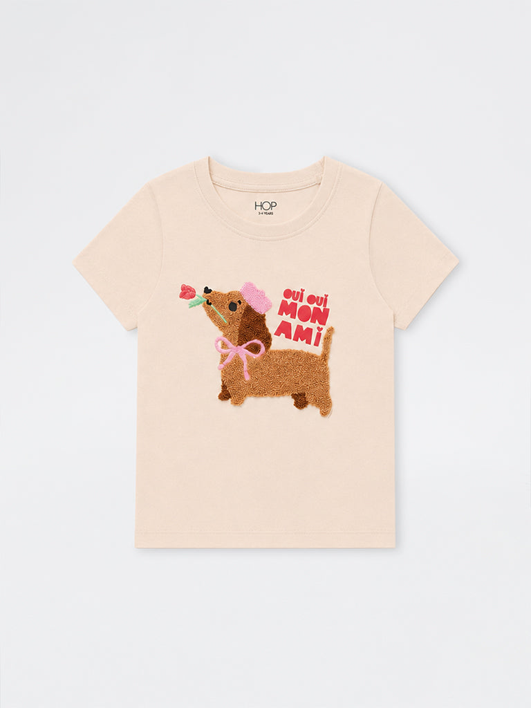HOP Kids Girls Cream Dog Embroidered Cotton T-Shirt