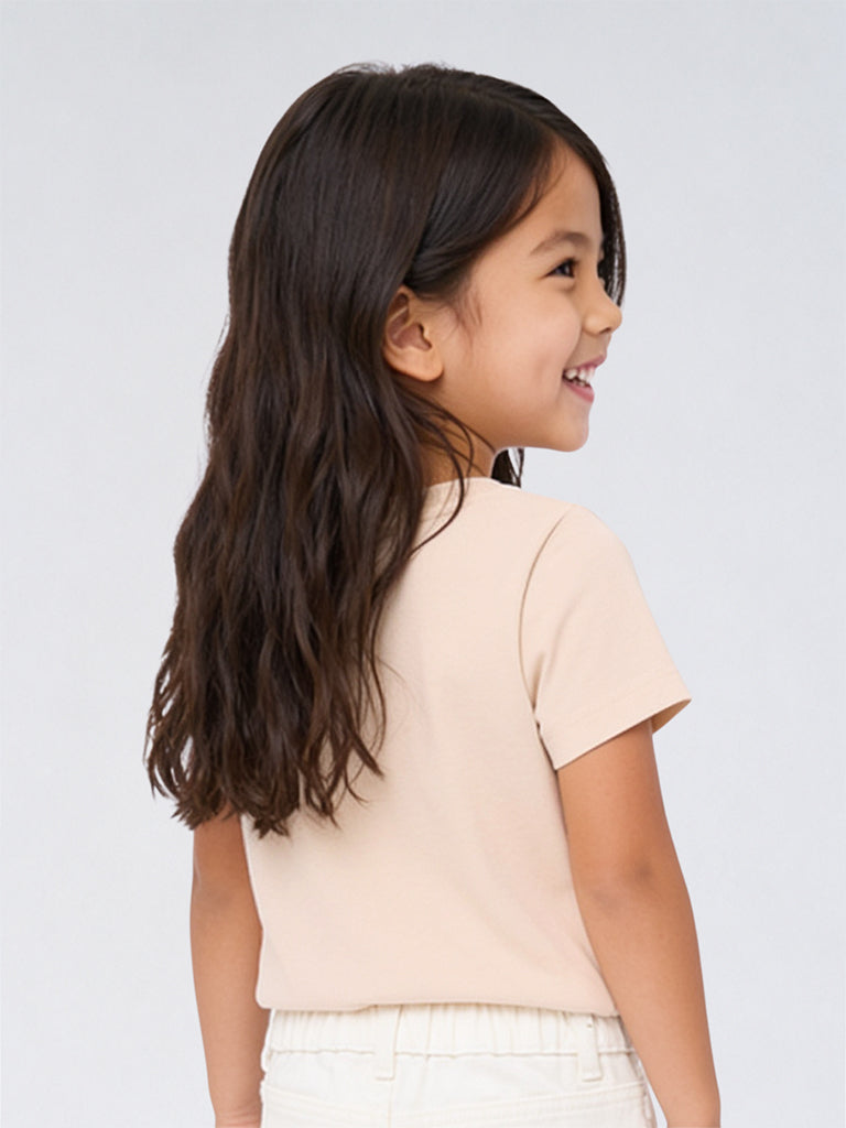 HOP Kids Girls Cream Dog Embroidered Cotton T-Shirt