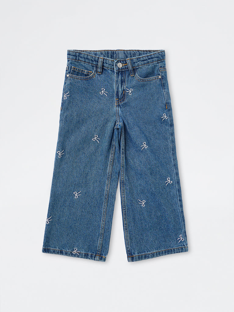 HOP Kids Girls Blue Bow Embroidered High-Rise Jeans