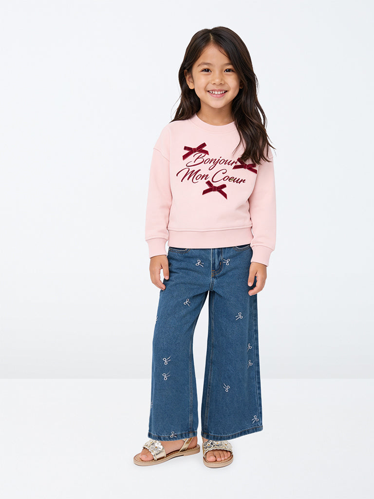HOP Kids Girls Blue Bow Embroidered High-Rise Jeans
