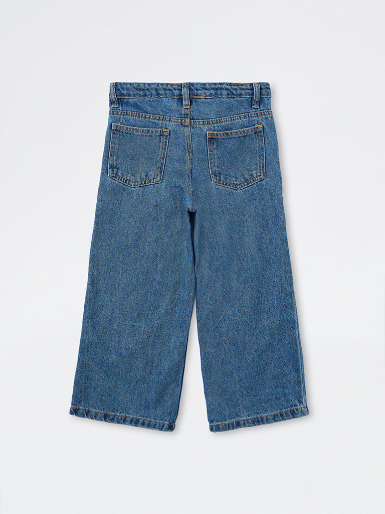 HOP Kids Girls Blue Bow Embroidered High-Rise Jeans