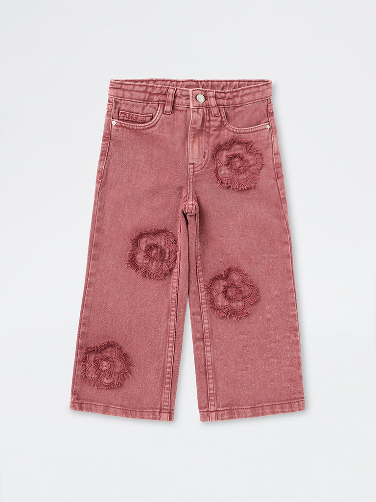 HOP Kids Girls Dusty Pink Floral Embroidered High-Rise Jeans
