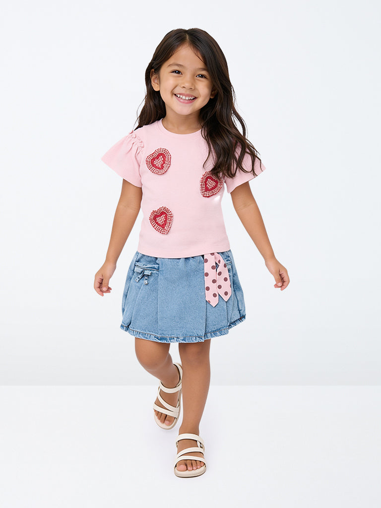 HOP Kids Girls Blue High-Rise Denim Skirt with Satin Bandana