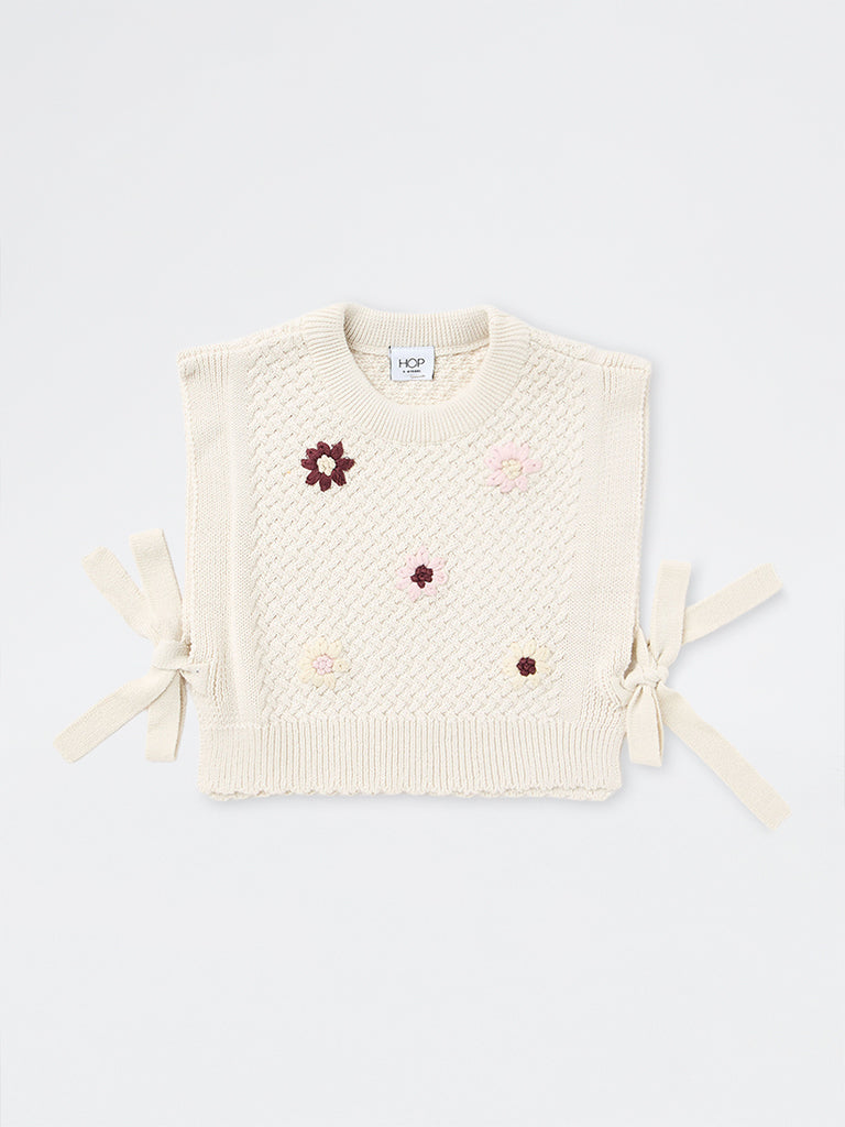 HOP Kids Girls Off-White Floral Embroidered Knitted Cotton-Blend Sweater