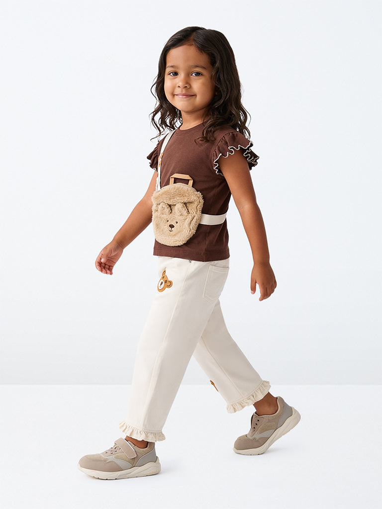 HOP Kids Girls Brown Sling-Bag Design Cotton T-Shirt