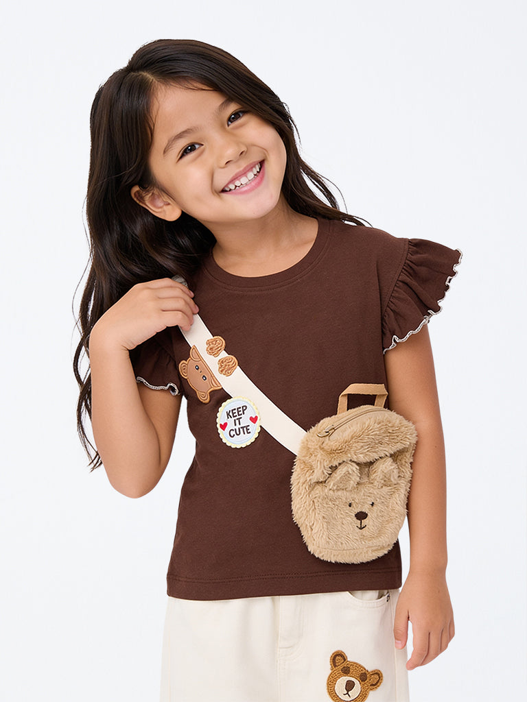 HOP Kids Girls Brown Sling-Bag Design Cotton T-Shirt