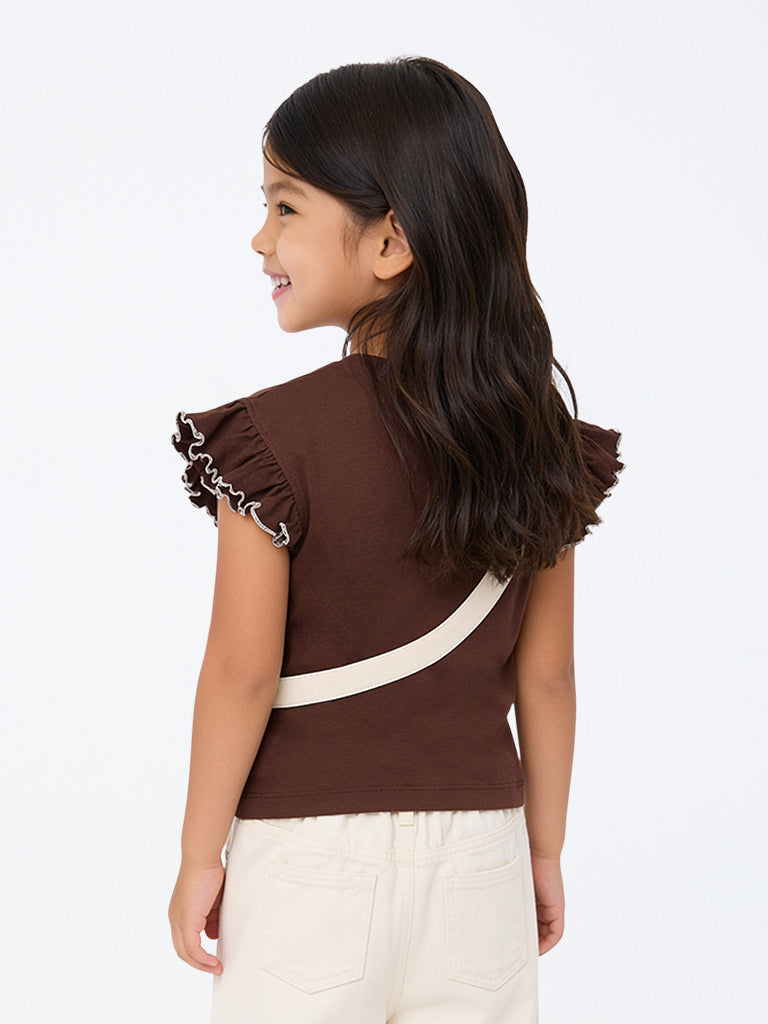 HOP Kids Girls Brown Sling-Bag Design Cotton T-Shirt