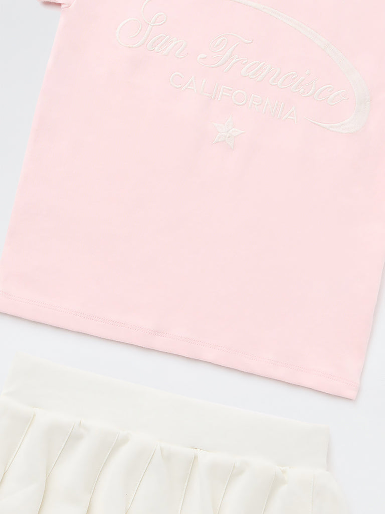 Girls Pink Text Design Cotton-Blend T-Shirt and Skirt Set