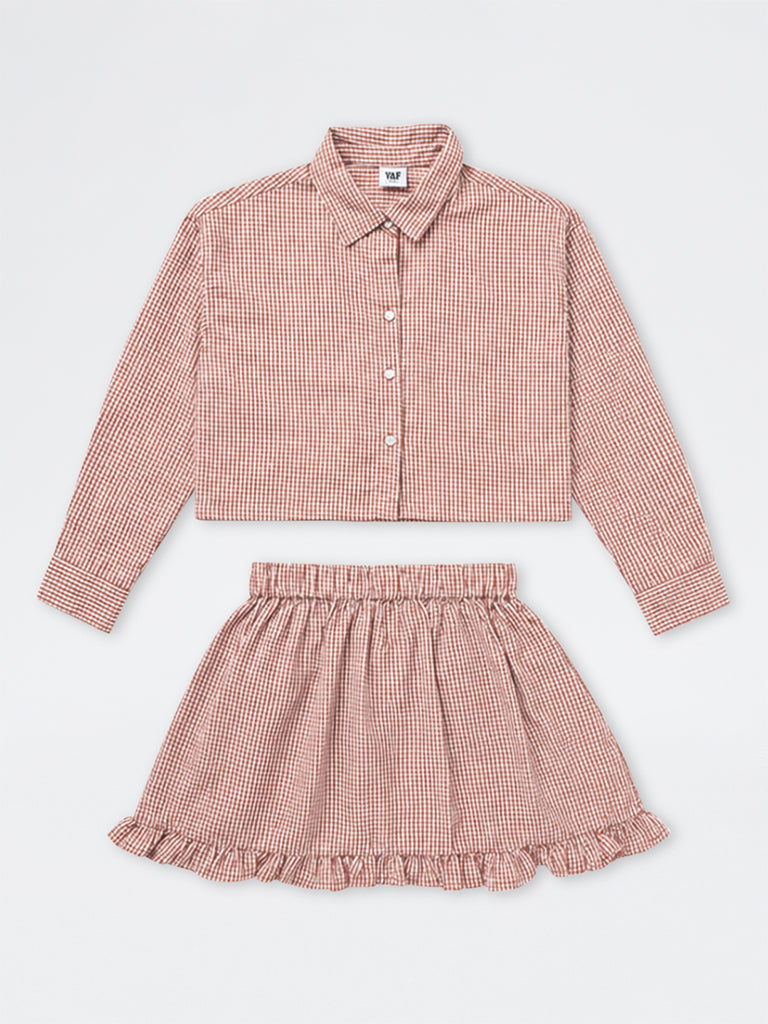 Girls Wine Checkered Shirt and Skirt Set