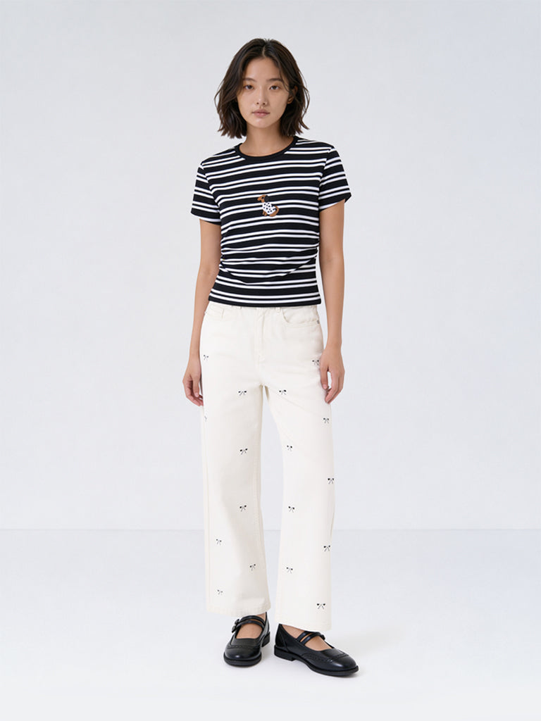 Girls White Bow Detailed High-Rise Relaxed-Fit Jeans
