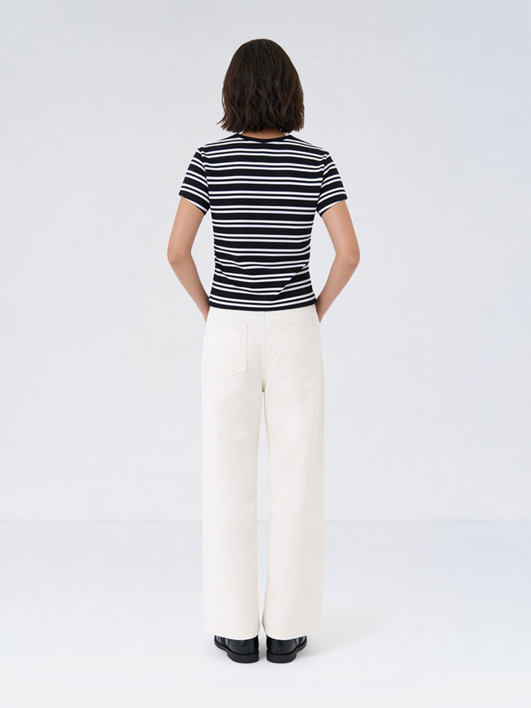 Girls White Bow Detailed High-Rise Relaxed-Fit Jeans