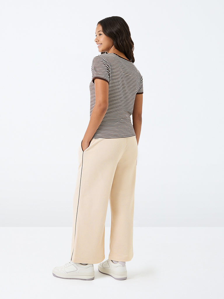 Girls Beige Pipeline-Detail High-Rise Cotton-Blend Track Pants