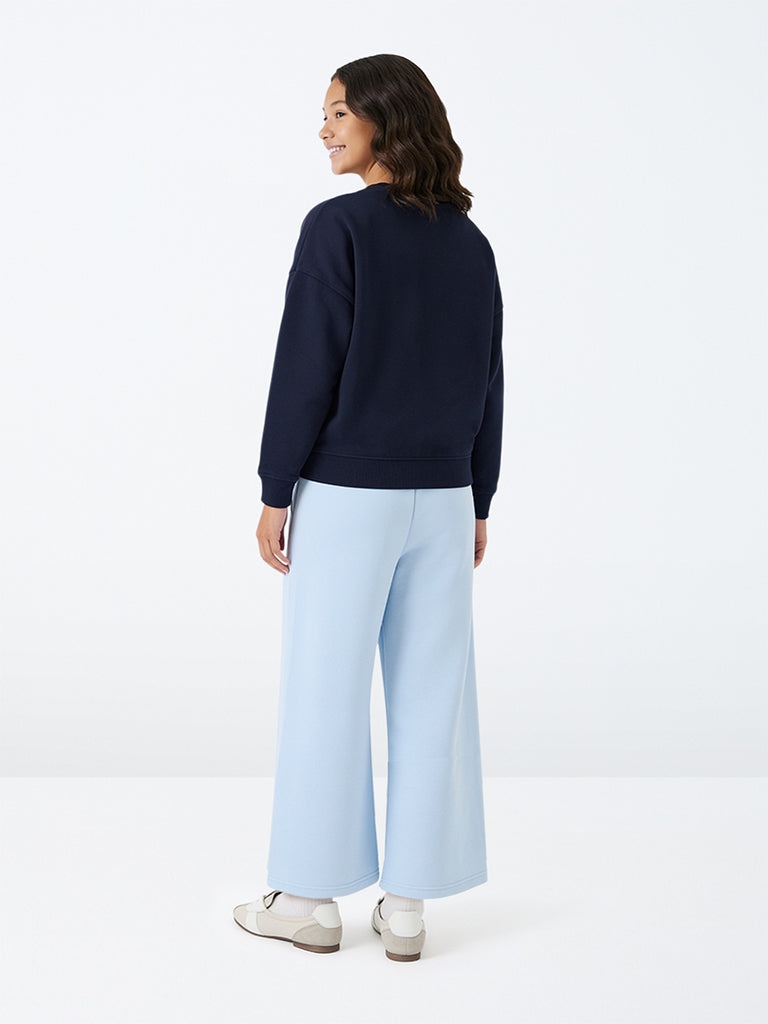 Girls Light Blue High-Rise Cotton-Blend Pants