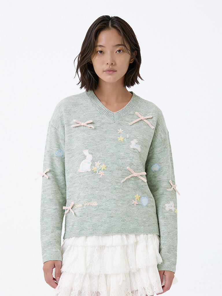 Girls Grey Bow Embroidered Knitted Sweater