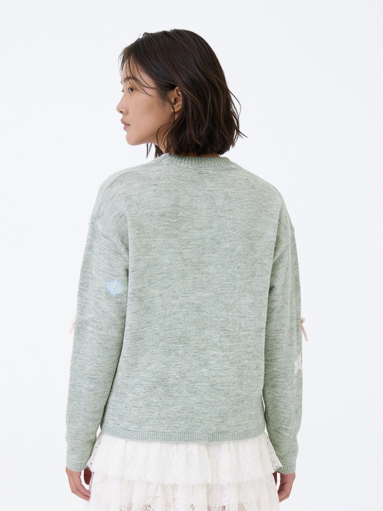 Girls Grey Bow Embroidered Knitted Sweater