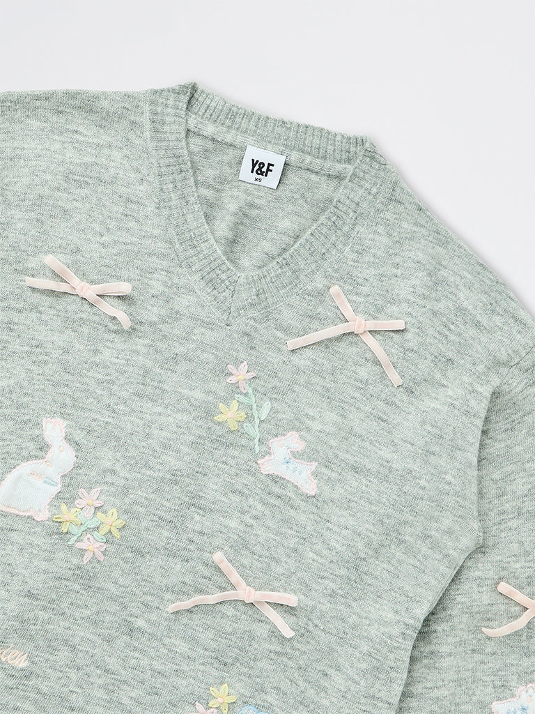 Girls Grey Bow Embroidered Knitted Sweater