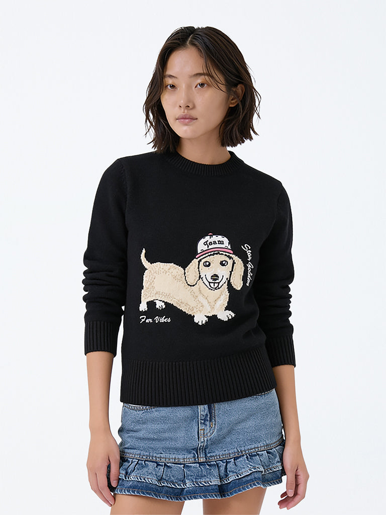 Girls Black Puppy Design Knitted Sweater