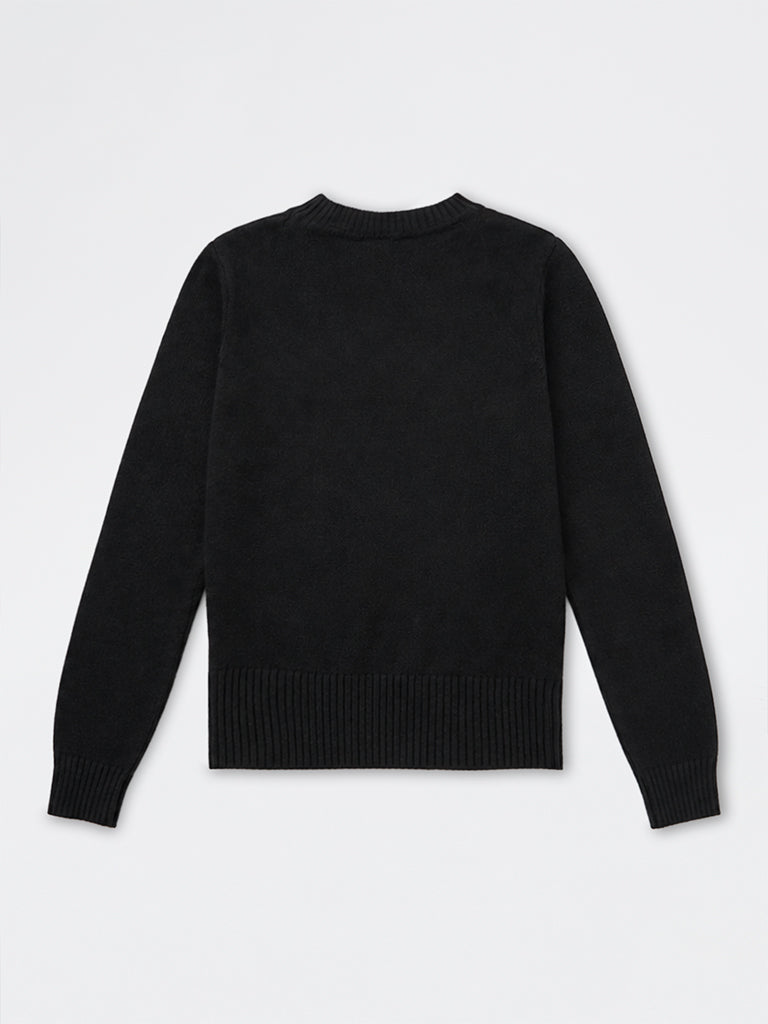 Girls Black Puppy Design Knitted Sweater