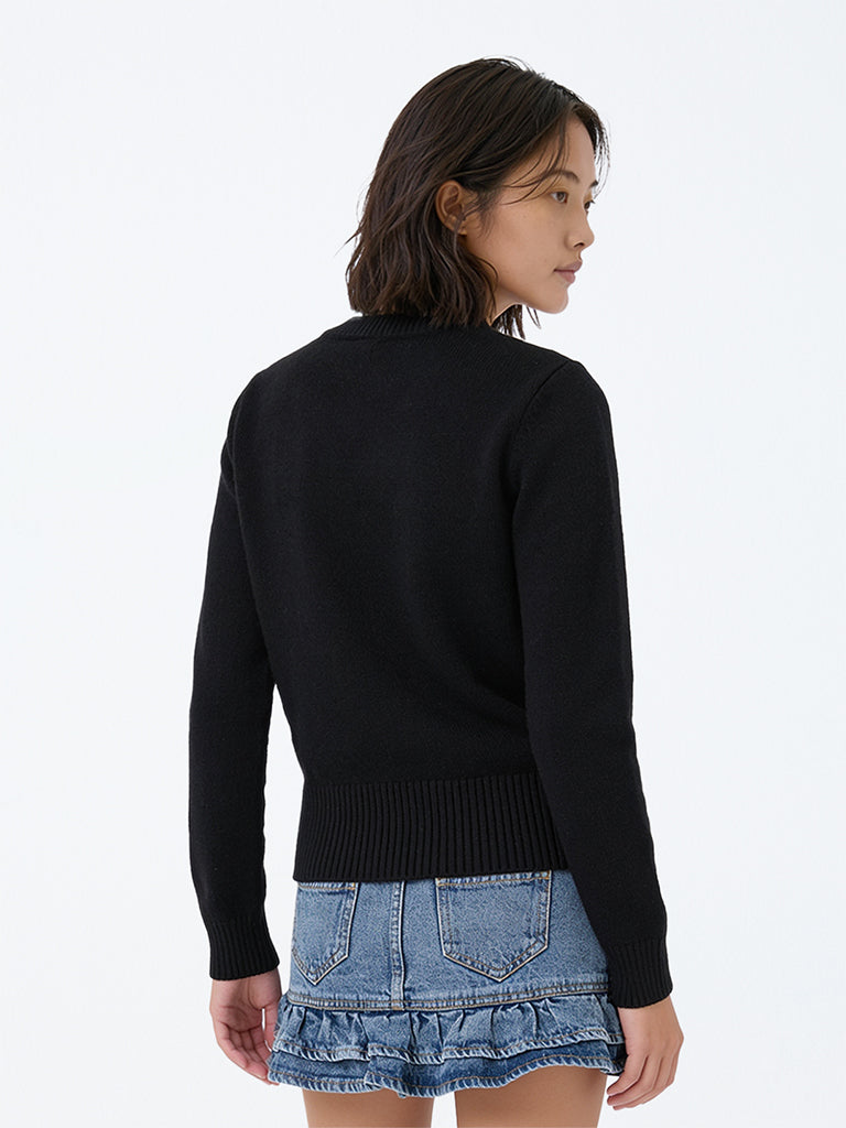 Girls Black Puppy Design Knitted Sweater