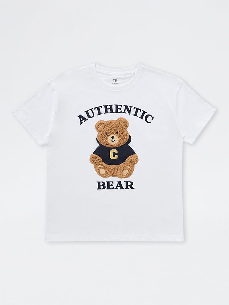 Girls White Teddy Design Cotton T-Shirt