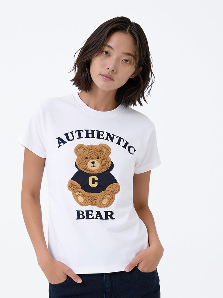 Girls White Teddy Design Cotton T-Shirt