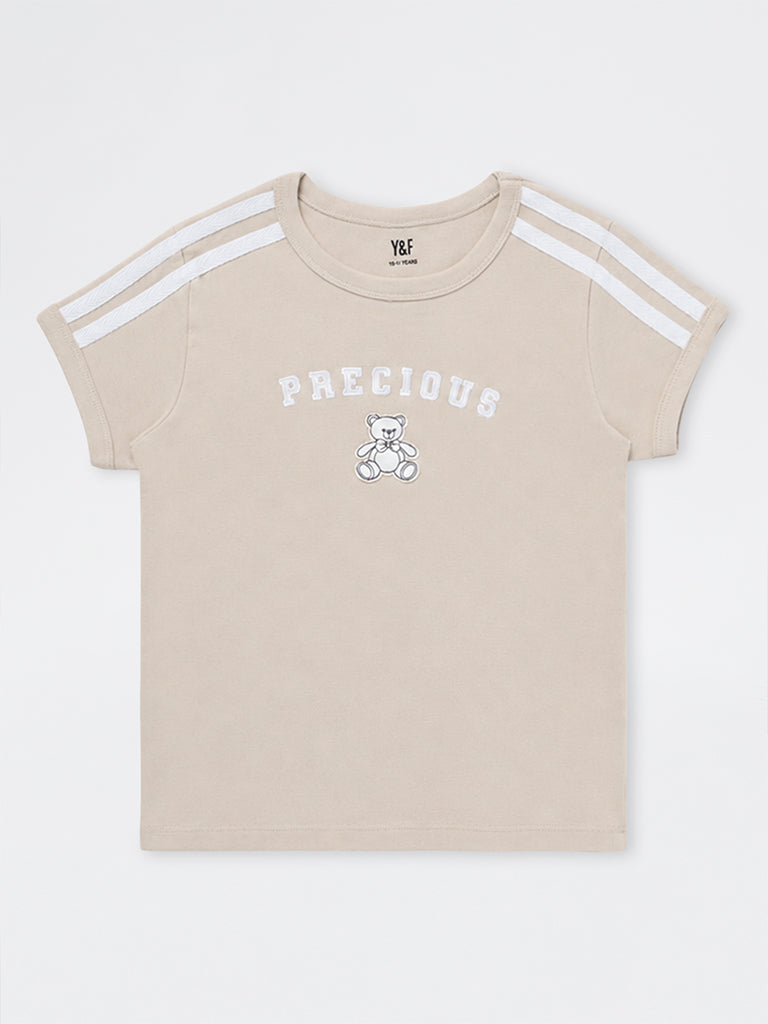 Girls Beige Teddy-Detail Cotton-Blend T-Shirt