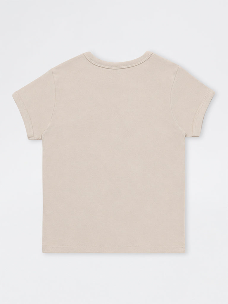 Girls Beige Teddy-Detail Cotton-Blend T-Shirt