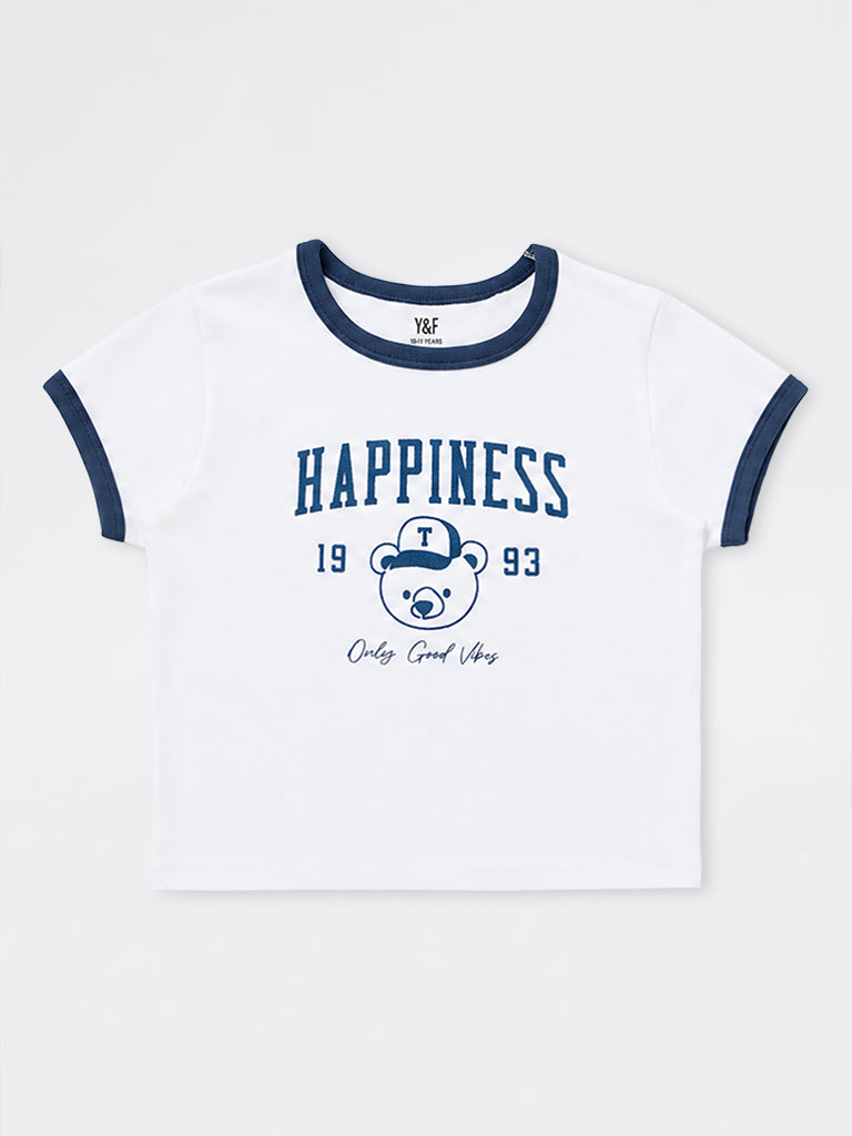 Girls White Graphic Printed Cotton-Blend T-Shirt