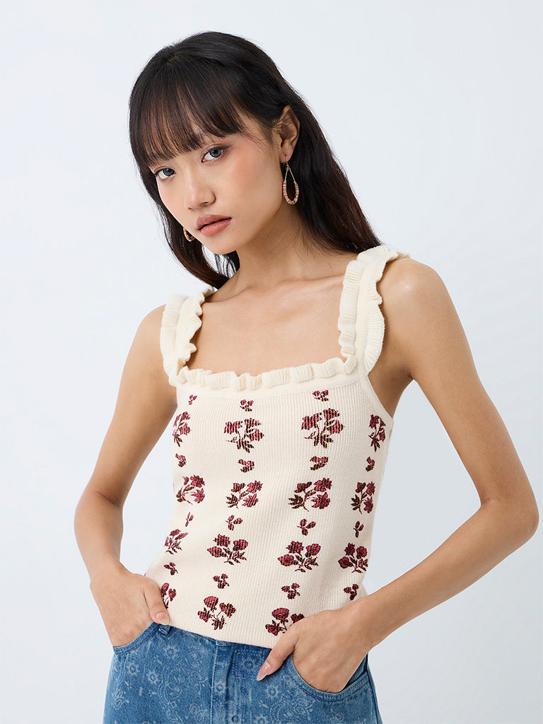 Bombay Paisley Off-White Floral Printed Cotton Top