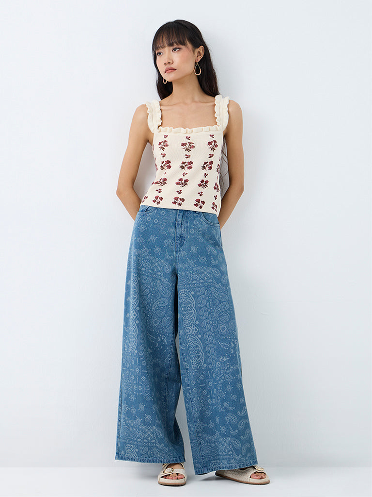 Bombay Paisley Off-White Floral Printed Cotton Top