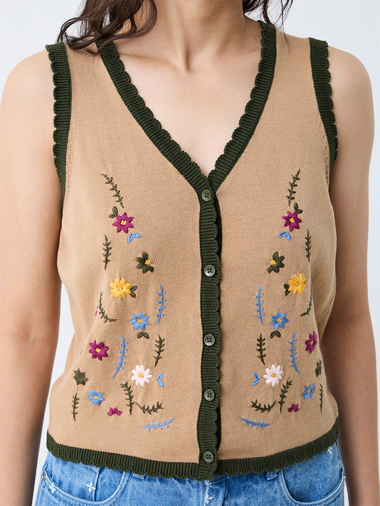 Bombay Paisley Beige Floral Embroidered Cotton Top