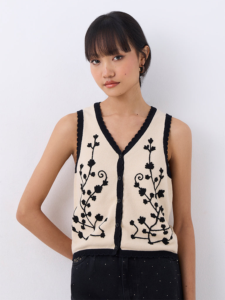 Bombay Paisley Beige Floral Embroidered Cotton Waistcoat