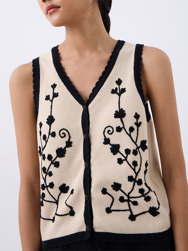 Bombay Paisley Beige Floral Embroidered Cotton Waistcoat