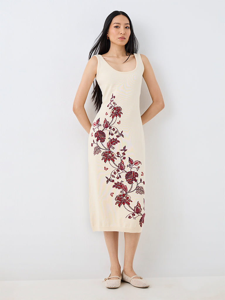 Bombay Paisley Off-White Floral Printed Cotton Bodycon Dress