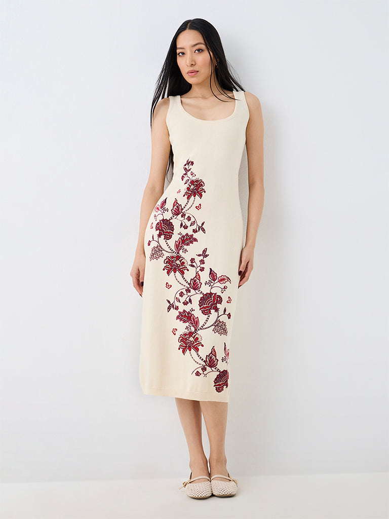 Bombay Paisley Off-White Floral Printed Cotton Bodycon Dress