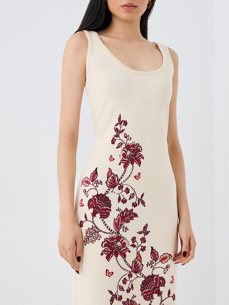 Bombay Paisley Off-White Floral Printed Cotton Bodycon Dress