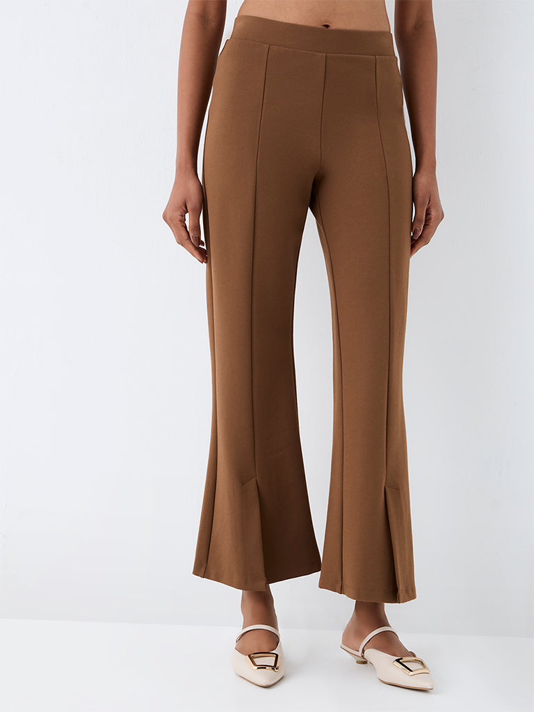 Wardrobe Tan Solid High-Rise Flared Trousers