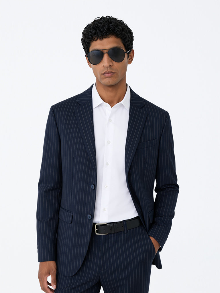 WES Formals Navy Pinstriped Slim-Fit Blazer