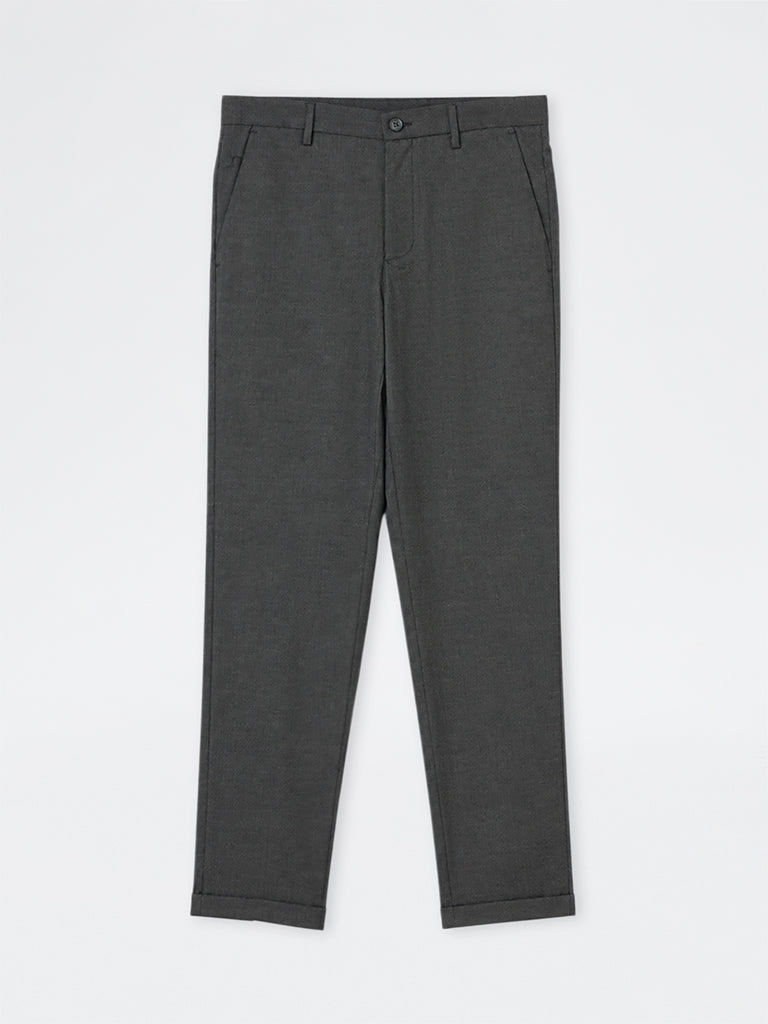 WES Formals Charcoal Textured Carrot-Fit Mid-Rise Trousers