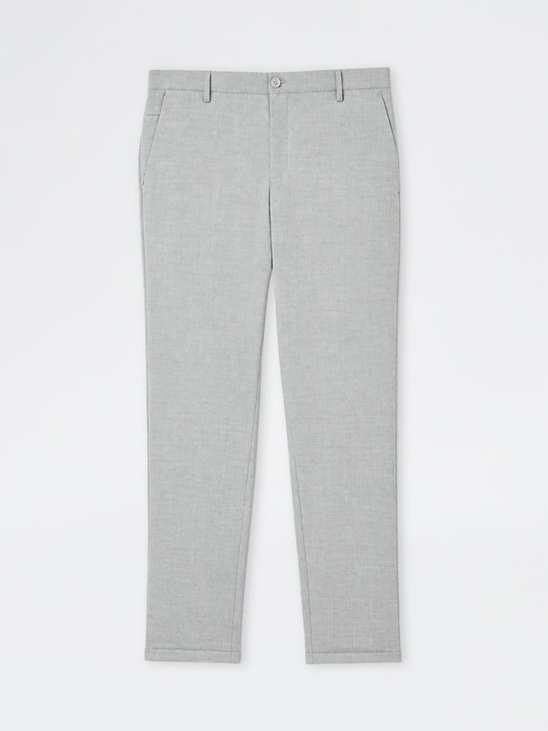 WES Formals Light Grey Textured Carrot-Fit Mid-Rise Trousers