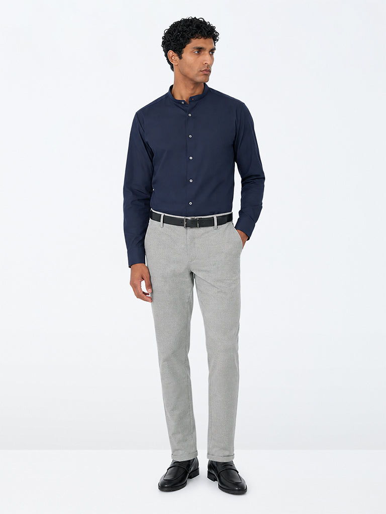WES Formals Light Grey Textured Carrot-Fit Mid-Rise Trousers