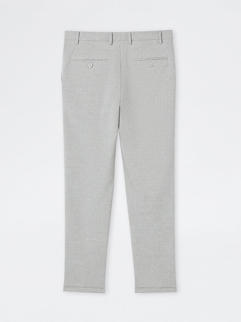 WES Formals Light Grey Textured Carrot-Fit Mid-Rise Trousers