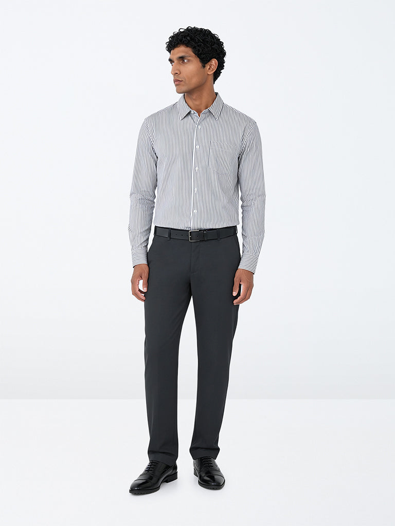 WES Formals Navy Solid Ultra-Slim Fit Mid-Rise Trousers