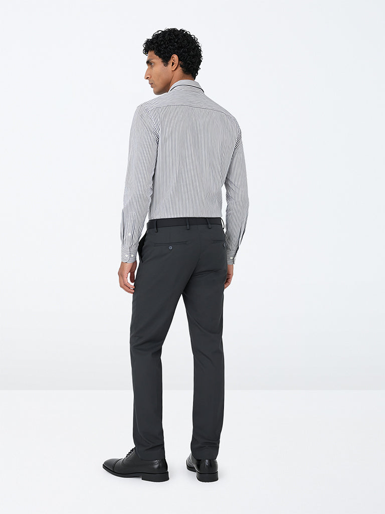 WES Formals Navy Solid Ultra-Slim Fit Mid-Rise Trousers