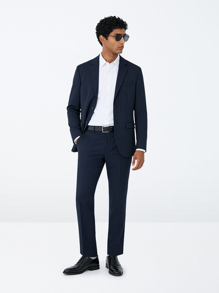 WES Formals Navy Pinstripe Relaxed-Fit Mid-Rise Trousers
