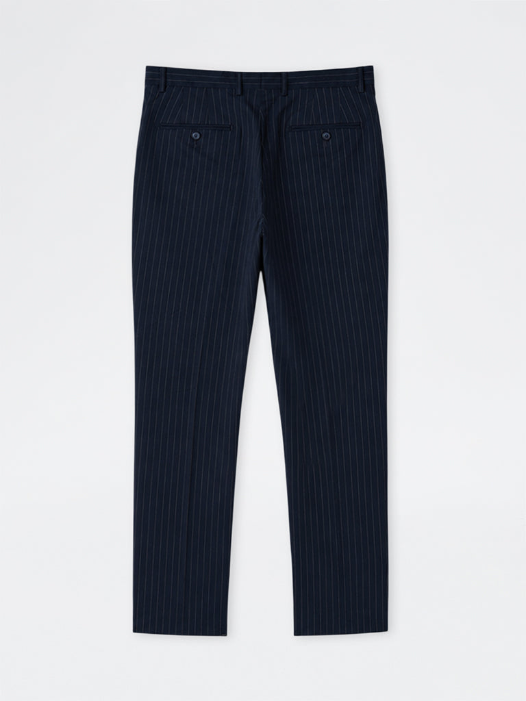WES Formals Navy Pinstripe Relaxed-Fit Mid-Rise Trousers
