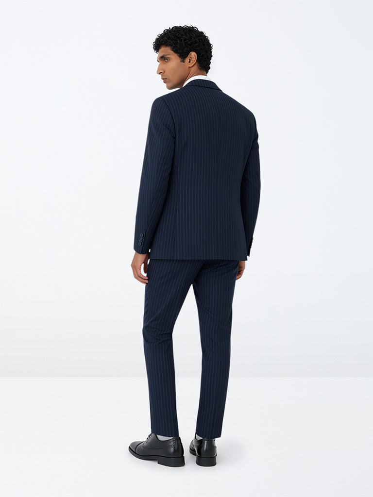 WES Formals Navy Pinstripe Relaxed-Fit Mid-Rise Trousers